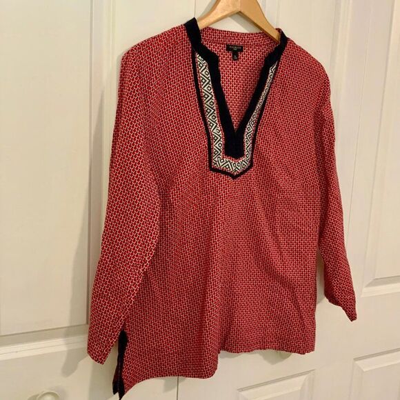 Talbots Red Blue Embroidered Cotton Popover Tunic Top Size 1X - Picture 3 of 9